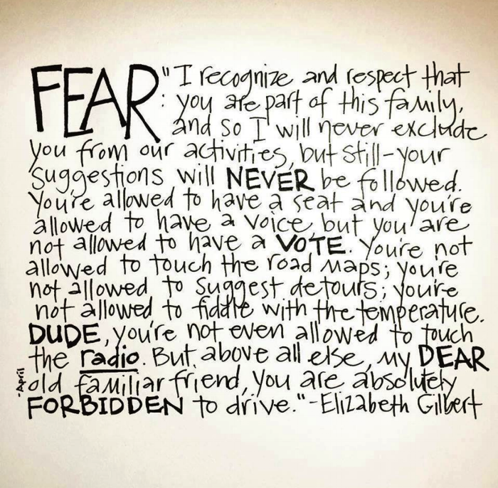 Inspiration for our Dear Fear letter, from the amazing and ever-inspiring Elizabeth Gilbert's letter to fear. 