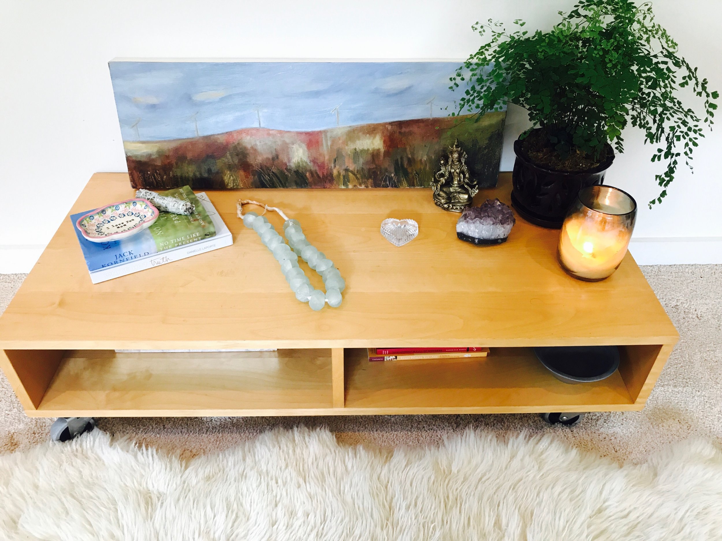 This is the small space in my bedroom where I meditate, write, light a candle, and spend a few minutes every morning in my own sacred space. 