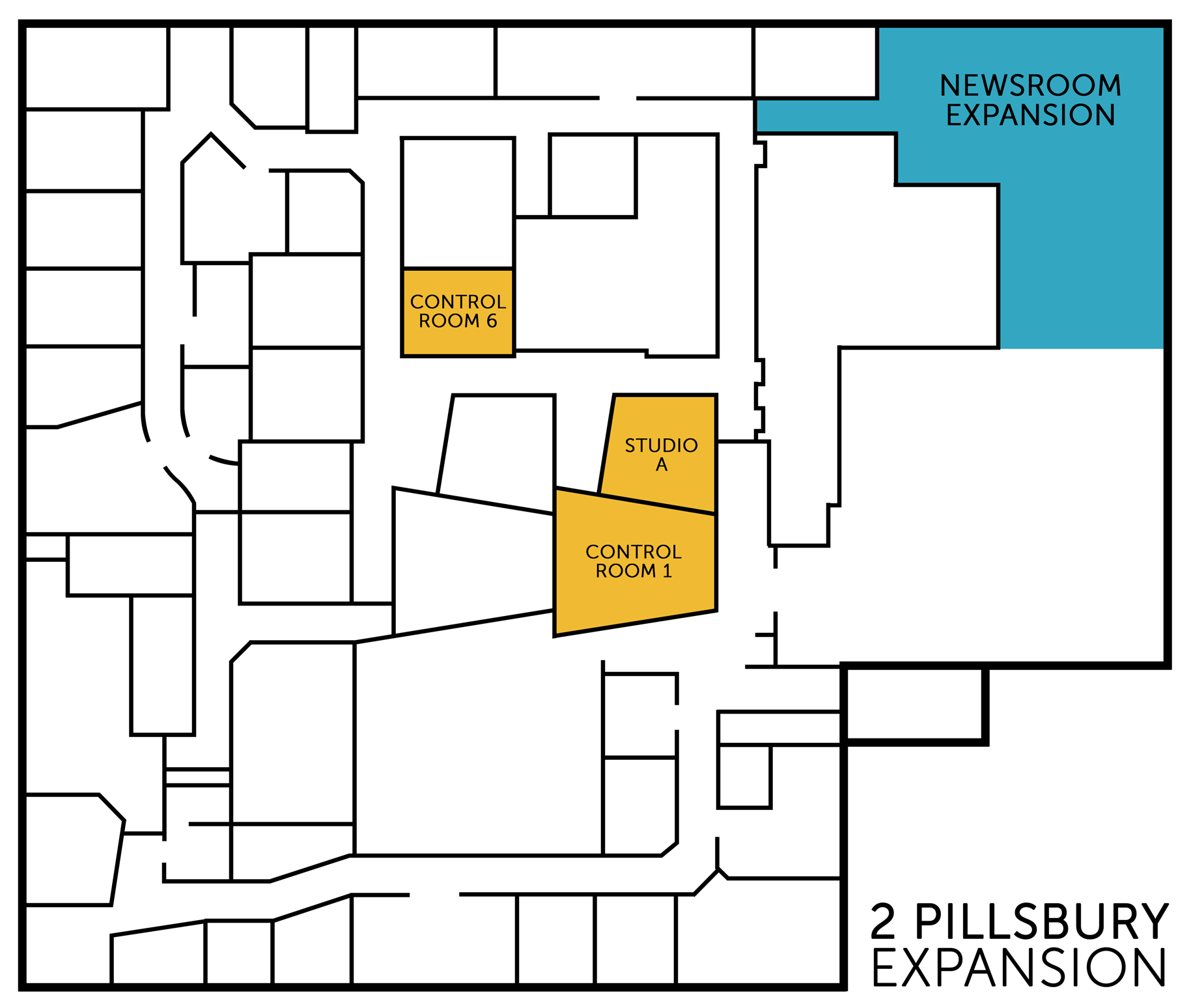 Highlighted areas show the expanded floor plan of NHPR's facility at 2 Pillsbury Street in Concord. 