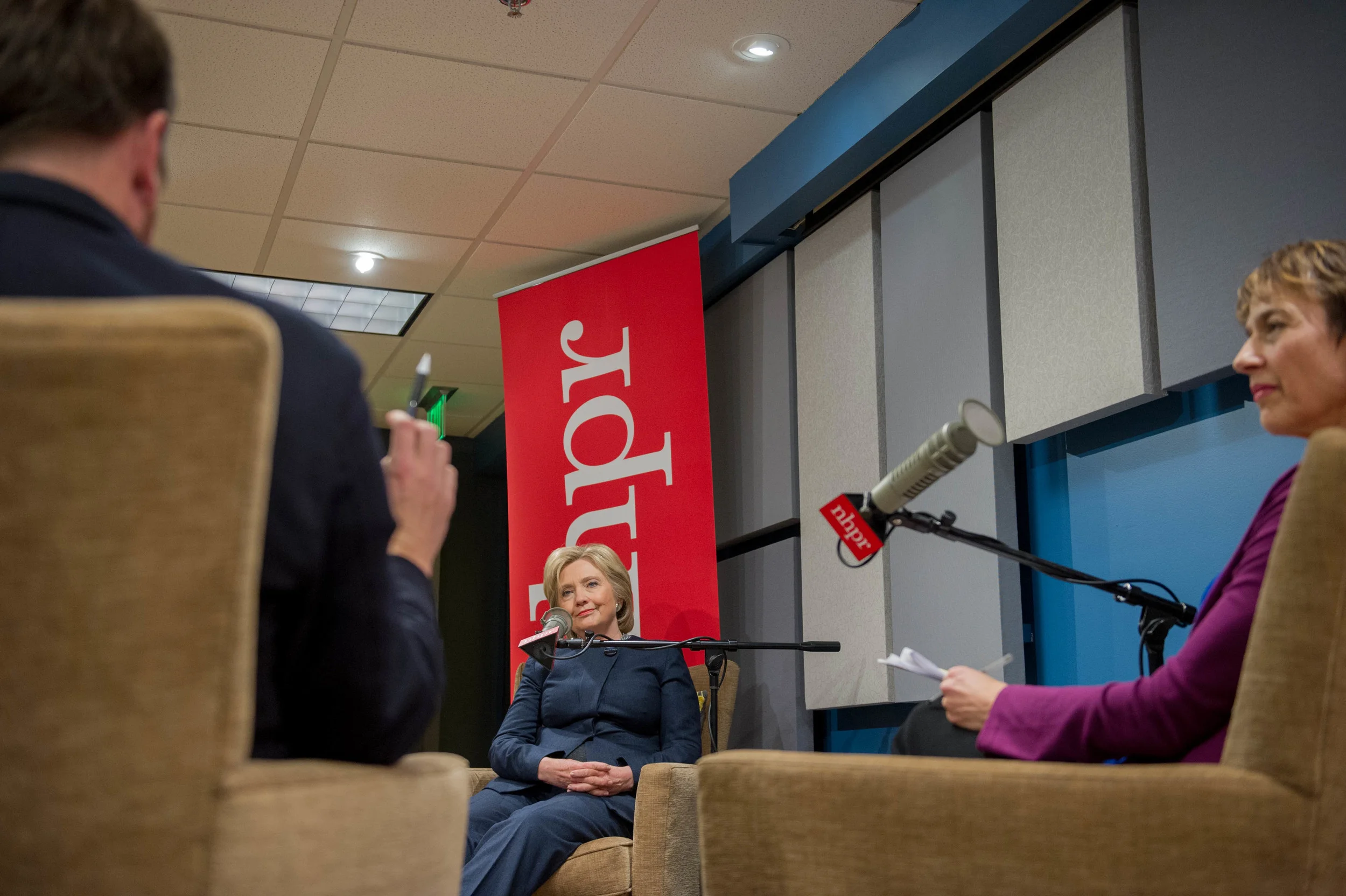 Josh Rogers and Laura Knoy ask Hillary Clinton questions at an NHPR forum