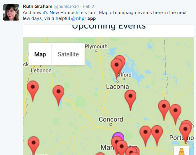 Ruth Graham reported for Slate and Politico during the NH Primary. She was one of several reporters who shared the State of Democracy app on social media in the run-up to Primary Day.