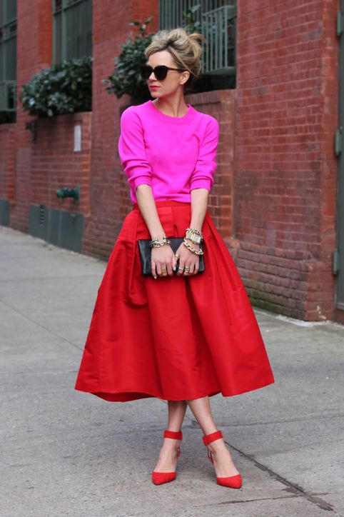I love the vibrant mix of hot pink and red. This would look great on a lot of different body types also. Via glamour