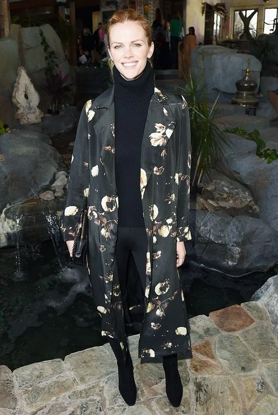 actress brooklyn decker wearing Brooke Atwood 's robe in collaboration with Ashley's floral skills