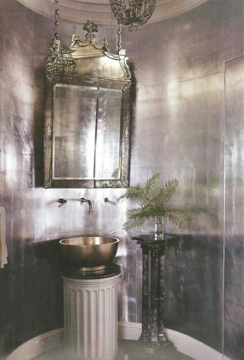 i figure there had to have been a better way to hang such a gorgeous mirror other than chain link, and take away the column pedestal sink stand and the other plant holder pedestal and this room might be really really special