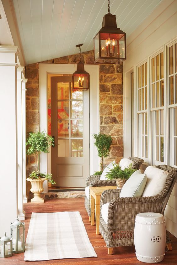 I'm a sucker for stone houses. mix that with lanterns and the haint ceiling and this is perfection. via 