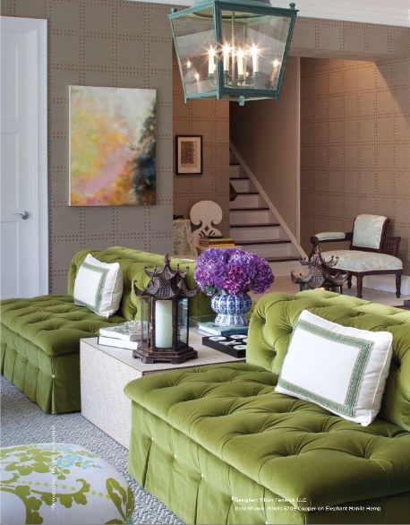 Isn't this whole room perfection? If you want the BEST grasscloth you go to Phillip Jeffries . Pea green and purple is always such a great color combo. And it's great for men and women alike 