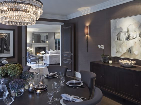 A monochromatic dining room , even down to the hydrangeas 