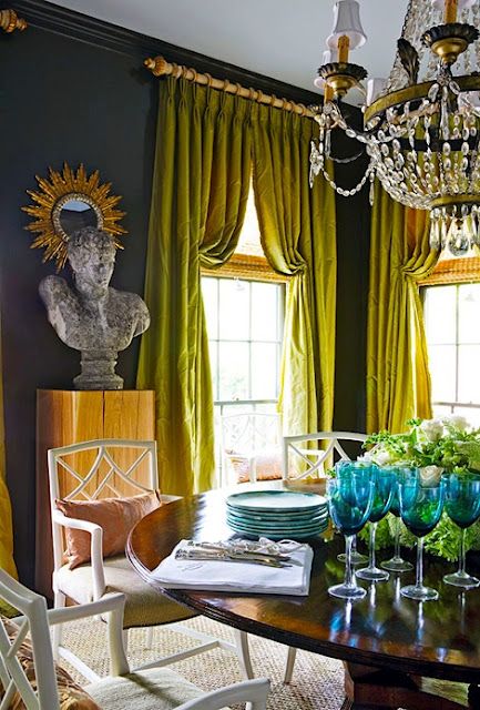 Ok, i'm in. I love this chartreuse green against those walls with the warmth of the wood table and pedestal