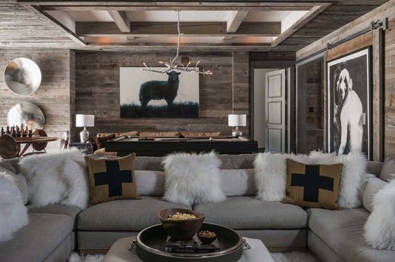 Note the ceiling and walls are the same stain, but one, it's a subdued stain and two, they broke up the ceiling by installing a coffered ceiling and leaving it white. via One kings lane