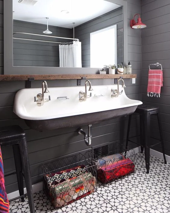 OH THAT'S MORE LIKE IT. AN ADULT LOOKING SPACE. I GOT A LITTLE TOO INTO THOSE KID SINKS IF YOU GET WHAT I MEAN. VIA CEMENT TILE SHOP . 