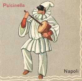 Pulcinella, the stock Neapolitan character, typically dressed in black and white and in this case, playing his instrument, the putipù. 