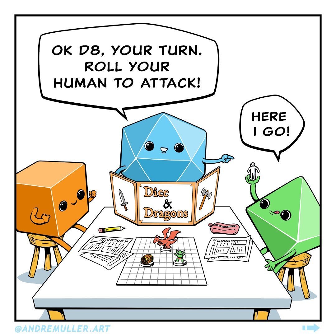 Tag  friend that always rolls bad on your group! 🎲. .
Link for the shop in the bio.
#webcomic #dungeonsanddragons #dnd #rpg #tabletop #characterdesign #illustration #rpgdice #roleplayinggame #criticalrole #andremullerart #rpgcharacter