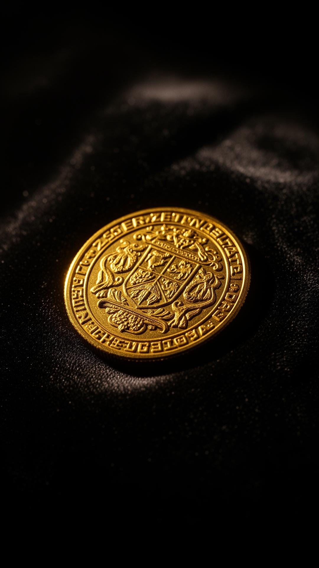 A gold medal or coin with an intricate crest design, resting on black fabric.