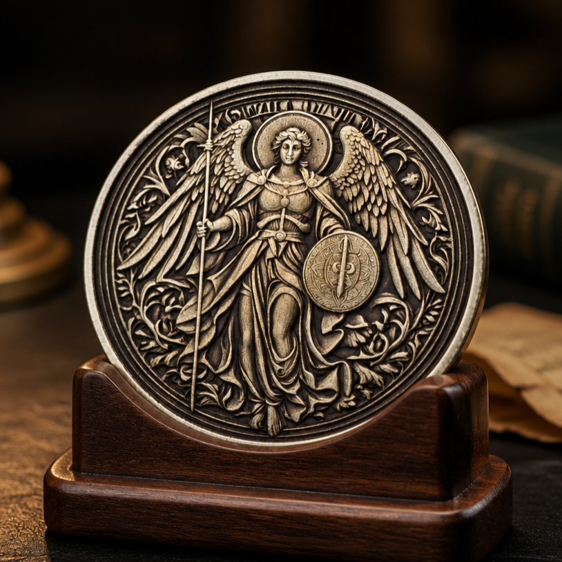 A detailed metal coin depicting the angelic figure Saint Michael, holding a spear and a shield, mounted on a wooden stand.