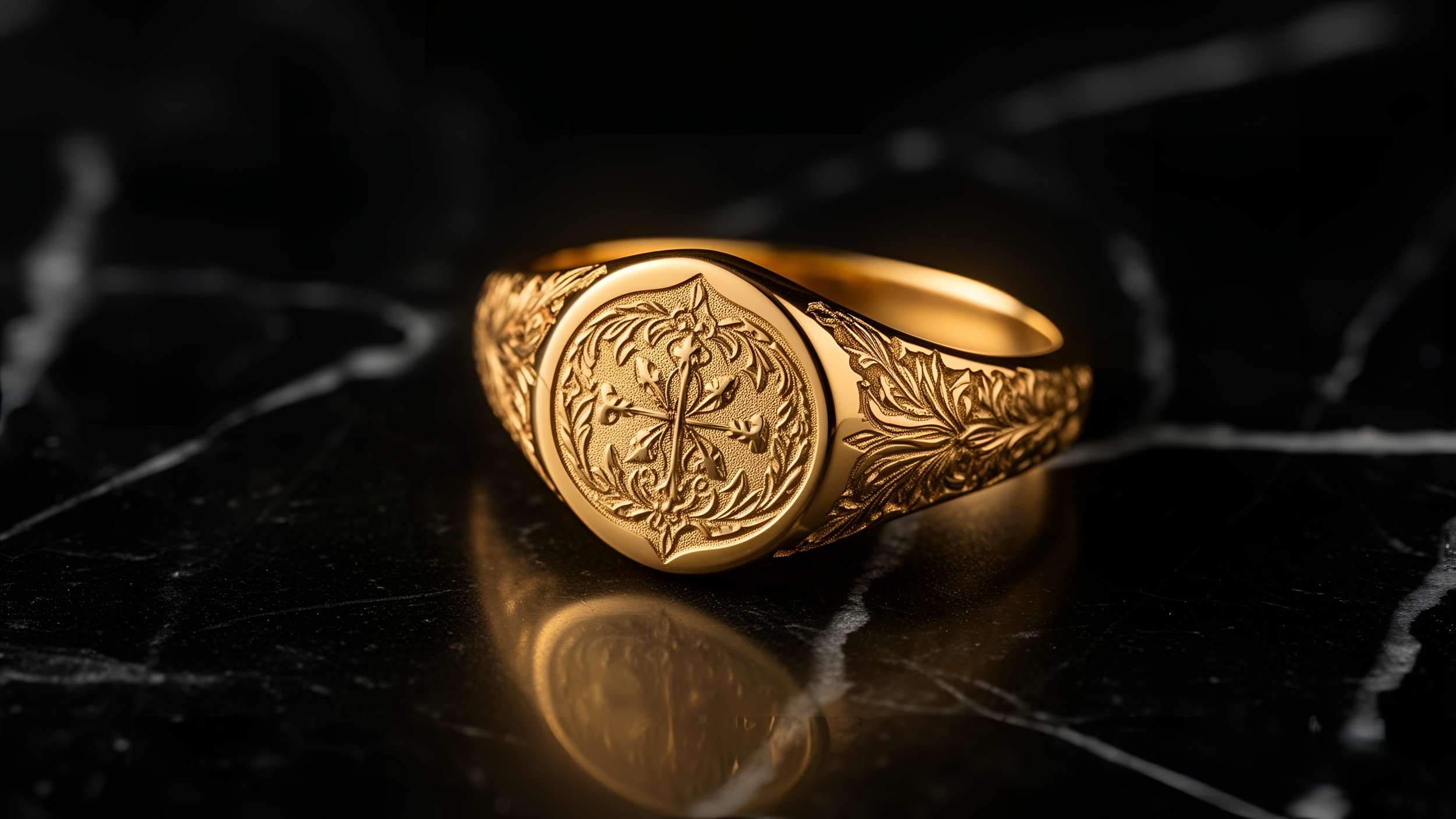 A gold engraved signet ring with intricate floral and vine design, placed on a dark marble surface.