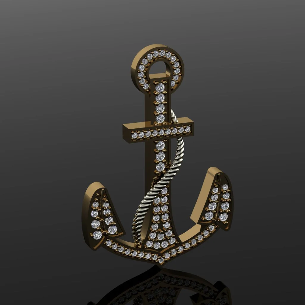 A 3D rendering of a gold anchor pendant decorated with numerous small diamonds.