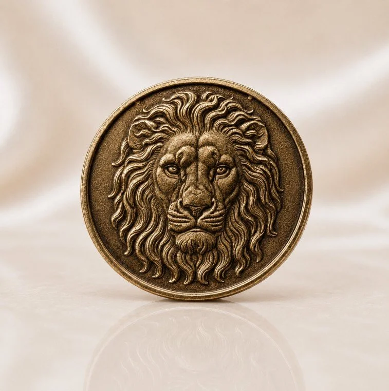 A close-up of a custom-made pendant, a coin with a detailed lion's face and mane engraved on it.