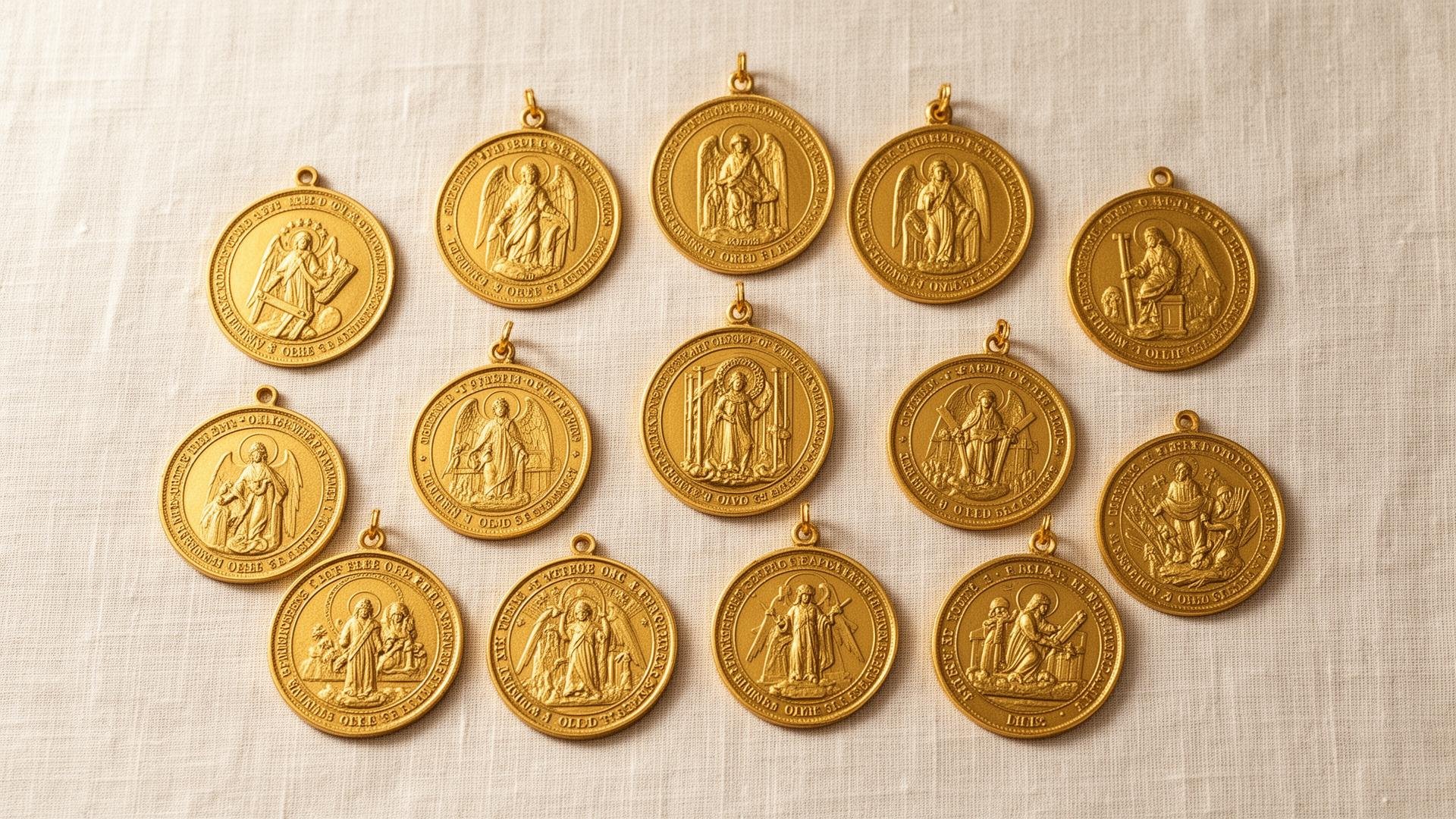 Collection of gold religious medals depicting saints and religious figures, arranged on a light-colored fabric background.