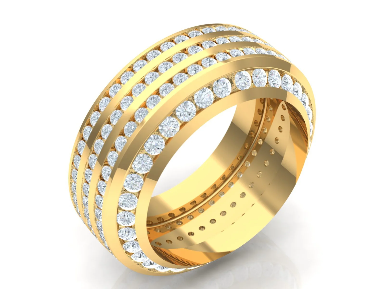 A gold ring with four parallel rows of diamonds set along its width, creating a wide band with a luxurious appearance.