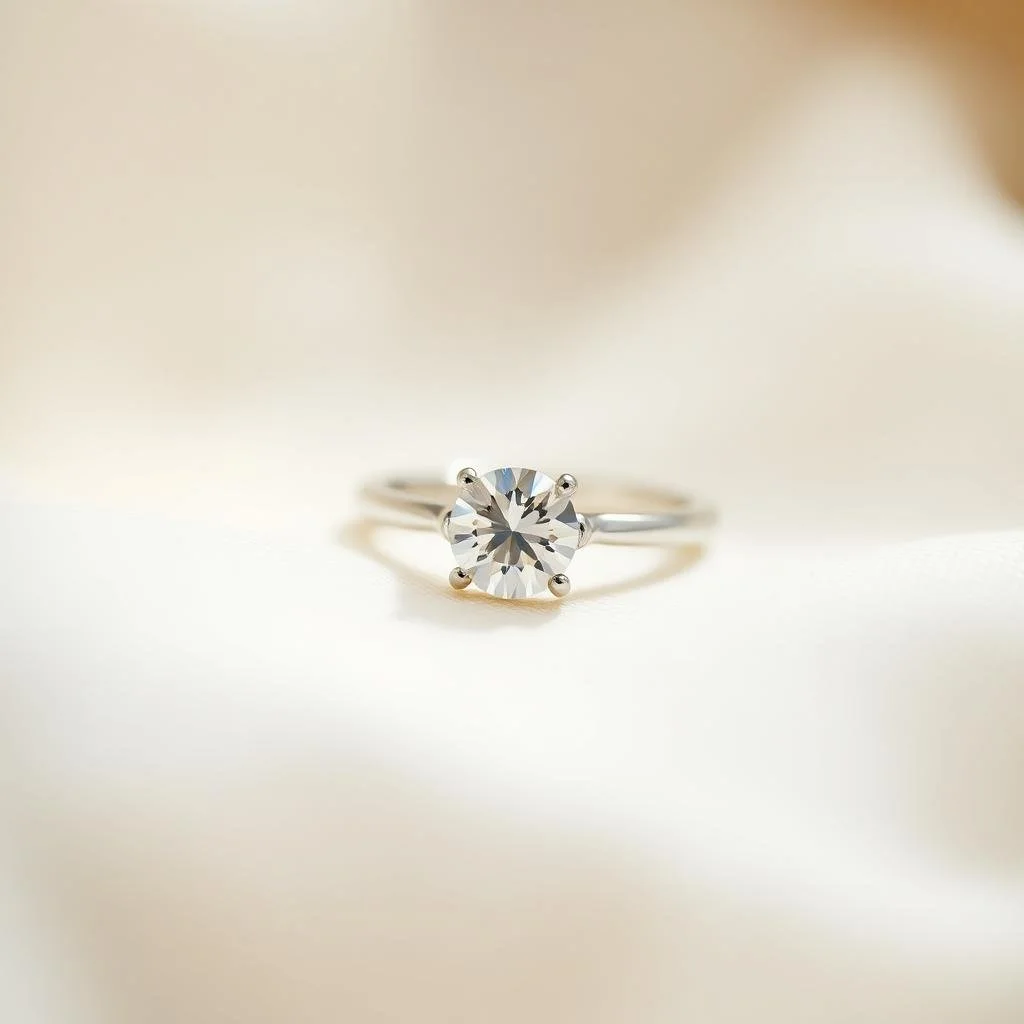 A close-up of a solitaire diamond engagement ring with a round cut diamond on a white surface.