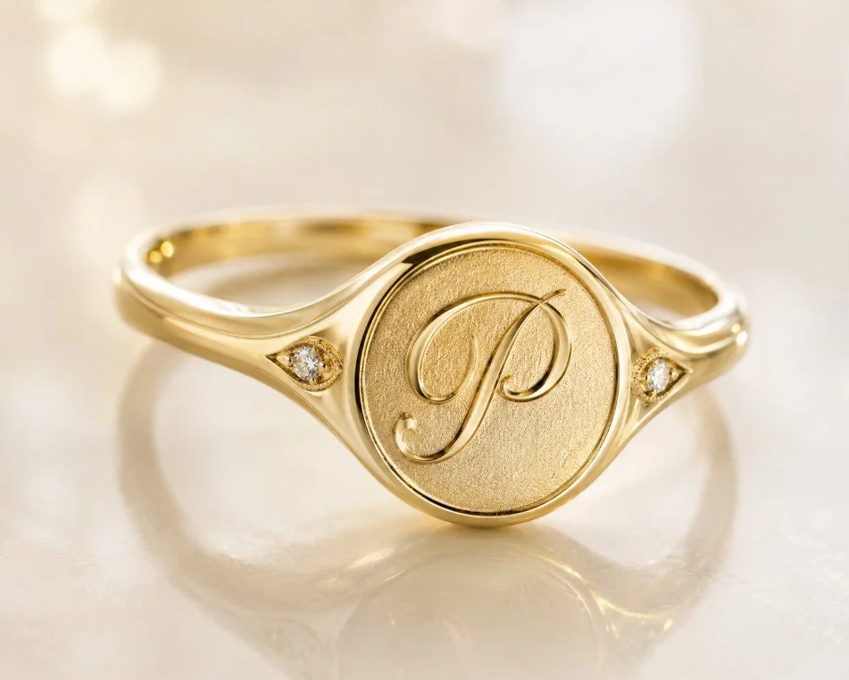 A gold ring with an engraved letter "P" on the face and two small diamonds on each side.