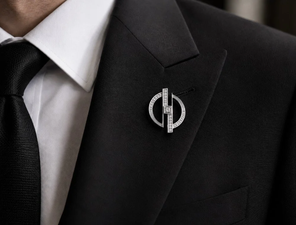 Close-up of a man wearing a black suit, white shirt, and black tie, with a silver brooch pin featuring a circular geometric design with embedded gemstones on the lapel.
