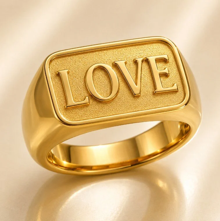 Close-up of a gold ring with the word love engraved on it.