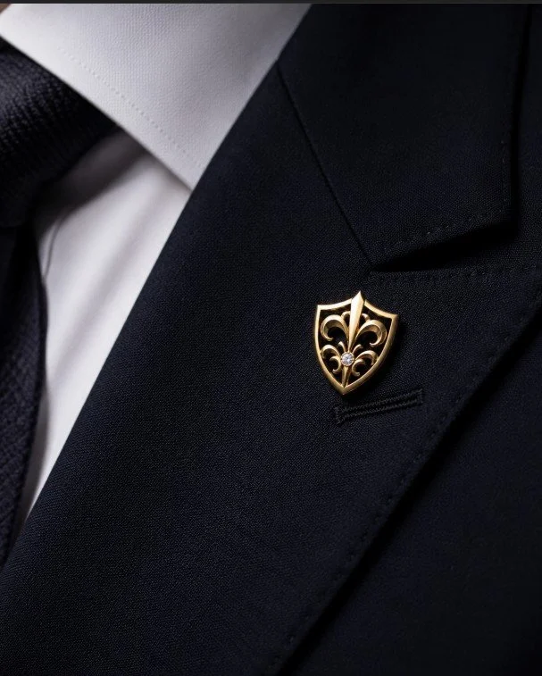 Close-up of a person wearing a black suit with a white shirt and a black tie, featuring a gold shield-shaped lapel pin with a fleur-de-lis design and a small gemstone in the center.