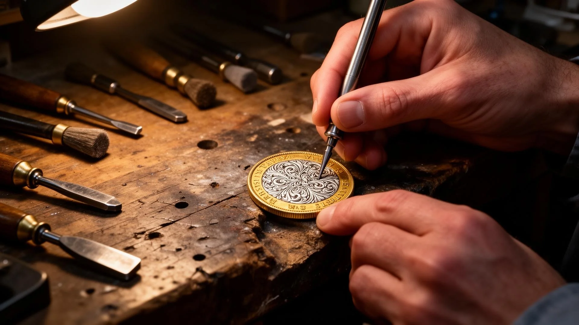 A person decorating a gold coin with black and white engraving using a fine tool, surrounded by woodworking and engraving tools on a wooden workbench.