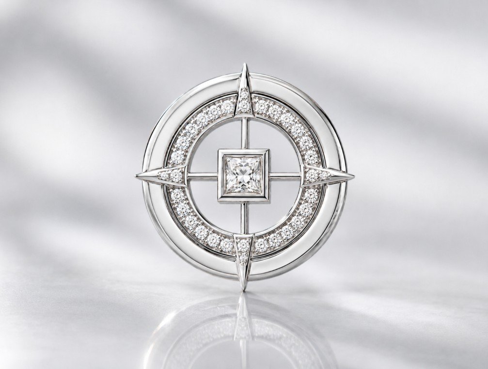 A luxurious diamond lapel pin brooch with a central square princess-cut diamond, surrounded by smaller diamonds in a circular pattern, set in 18-karat gold with a star-like design.