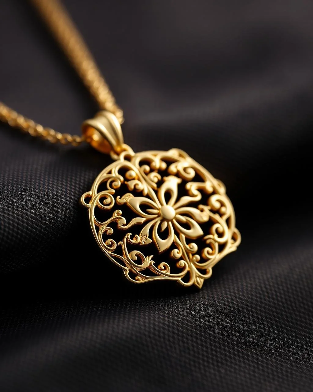 Gold filigree pendant necklace with intricate floral design, resting on black fabric.