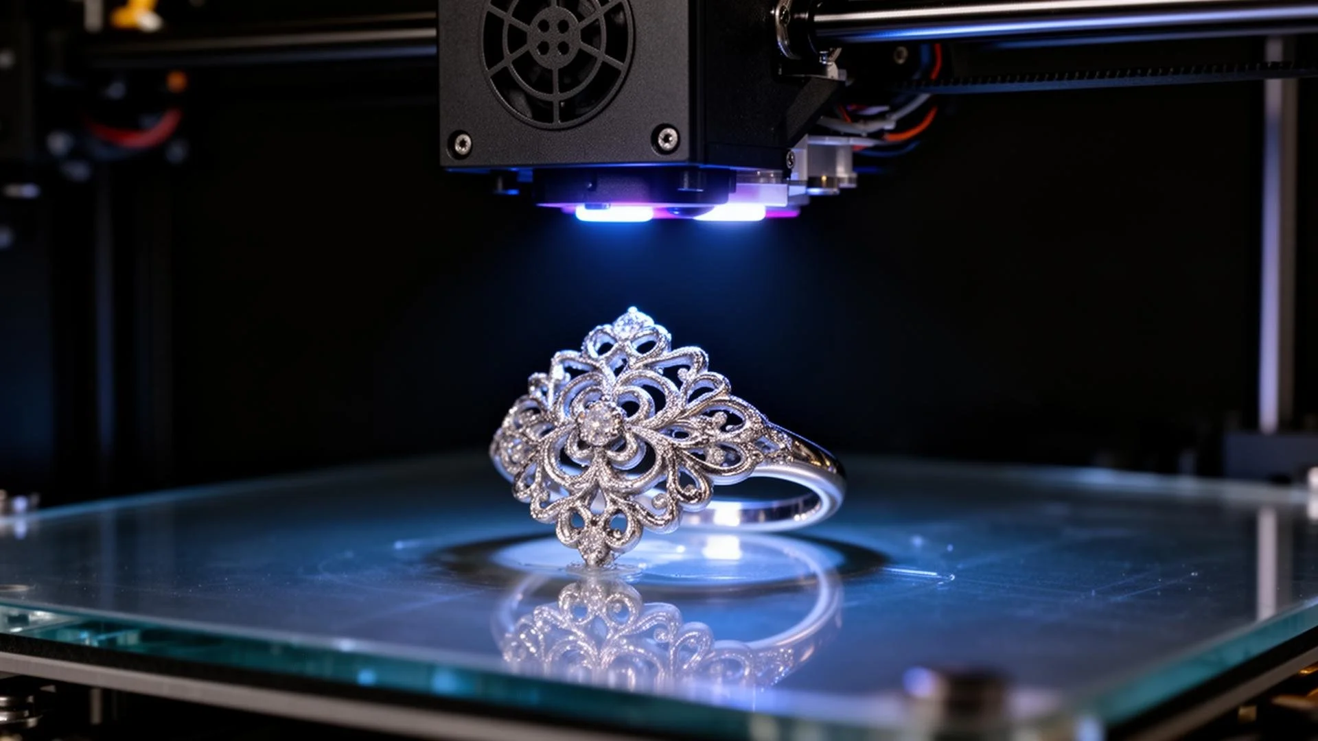 A 3D printer printing a silver jewelry piece under blue and pink LED lights.