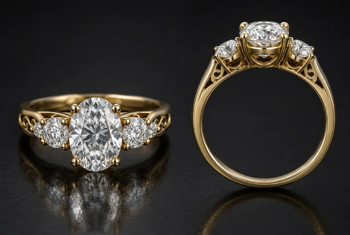 A gold engagement ring with a large oval diamond and smaller diamonds on each side, and a matching wedding band with multiple small diamonds, displayed on a black surface.