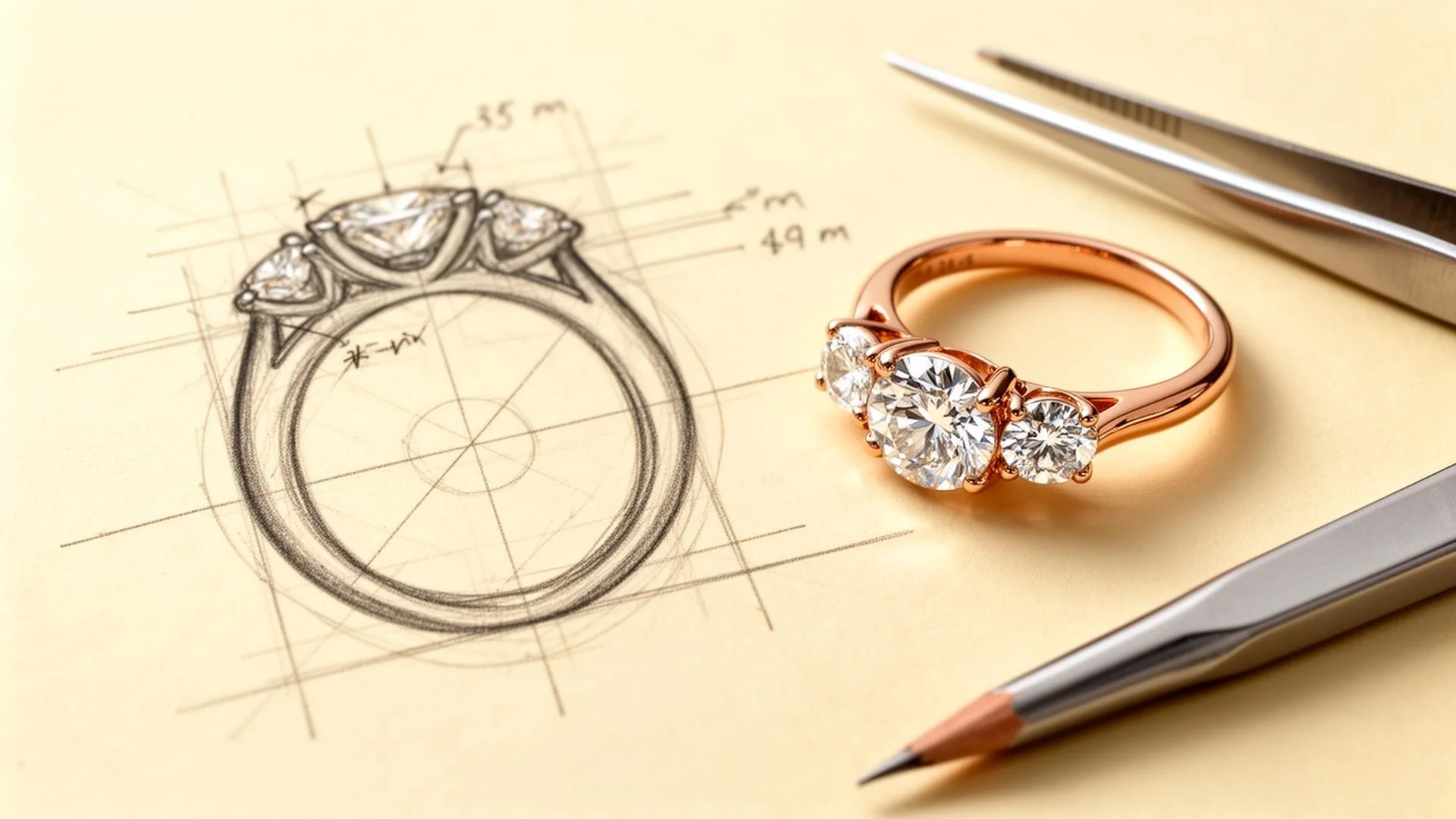 Drawing of an engagement ring with four diamonds next to a real rose gold ring with four diamonds, on a yellow background with a silver knife and a pencil nearby.