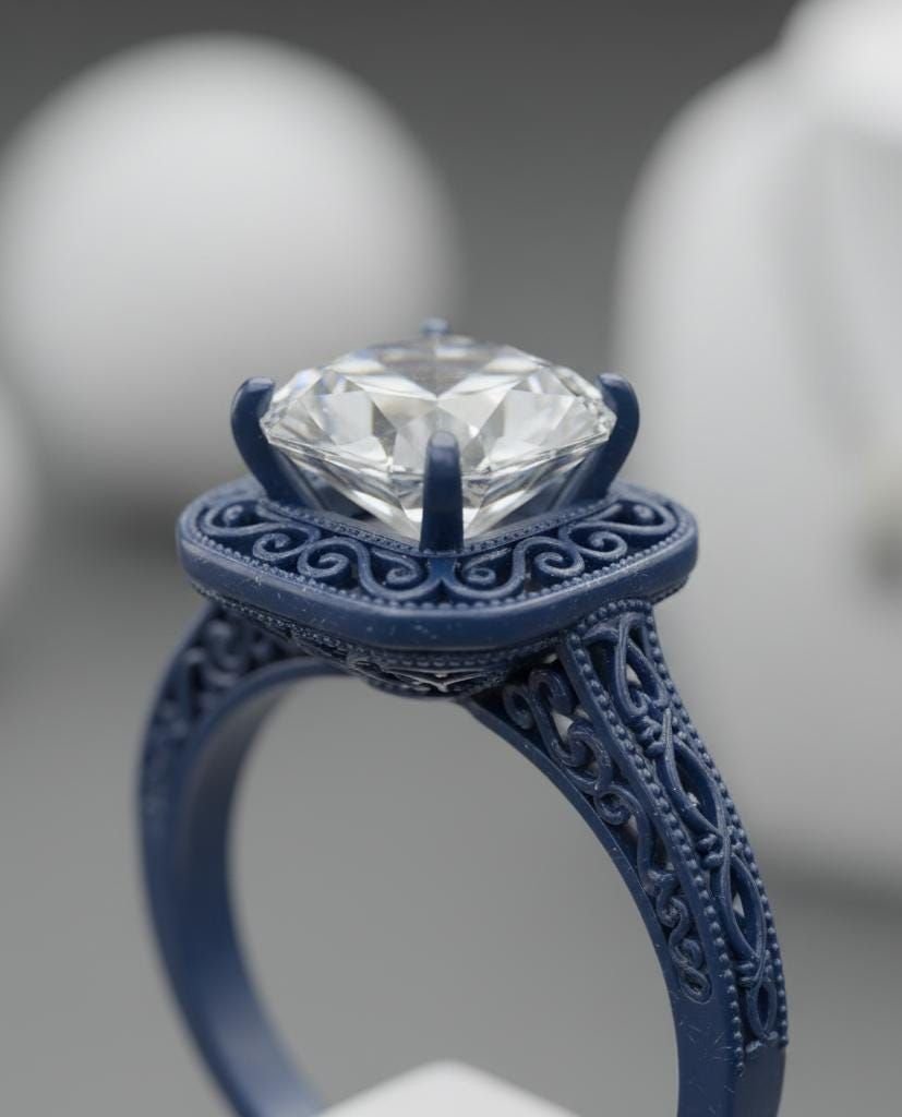 A close-up of an ornate 3D-printed ring model with a large, clear diamond in a detailed setting, prototype