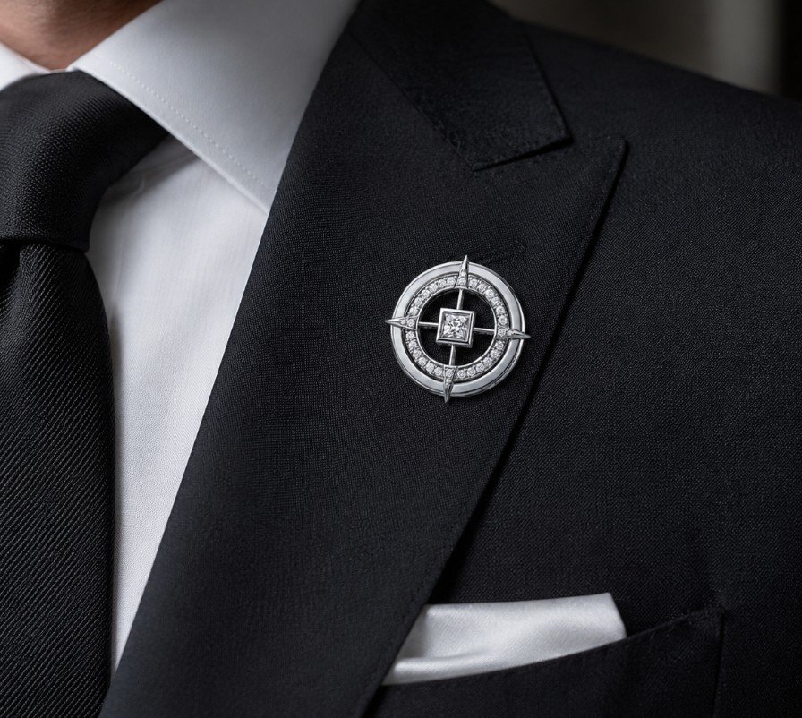 Close-up of a man wearing a black tuxedo and black tie, with a circular silver brooch with a diamond in the center pinned to the lapel.