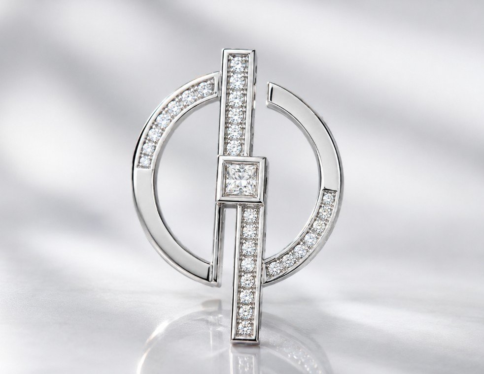 A custom-made design silver or white gold brooch with a circular and linear design, adorned with numerous small diamonds and a larger square princess-cut diamond at the center on a smooth, reflective surface.
