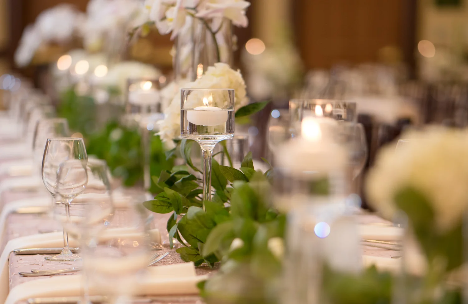 White, Green and Beige elements used for table decor.