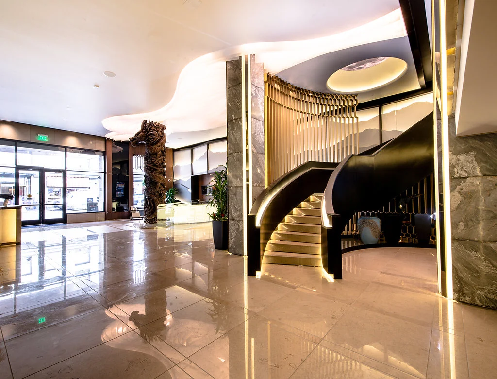 Hotel Fusion foyer with grand staircase leading up to Taste on Ellis.