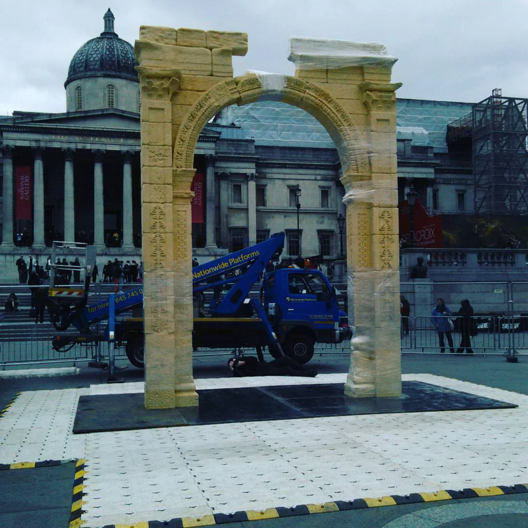 The arch in plastic wrap before it is covered with a sheet for the night 