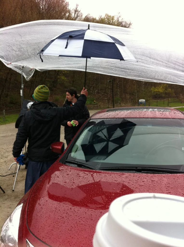 Coffee toting Art Director Dan Bache snapped this picture of our drenched hero car.