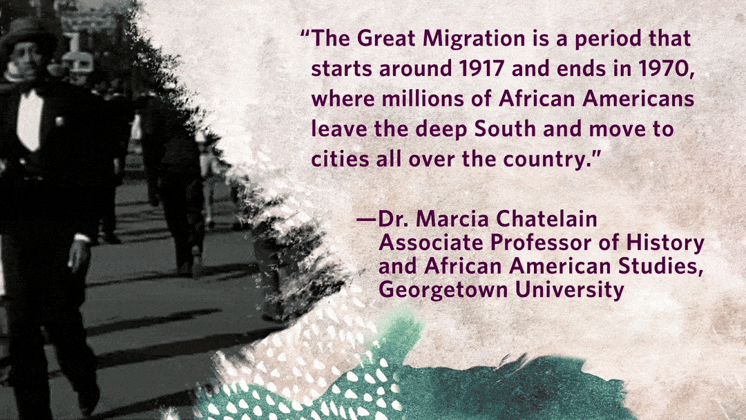 Quote about the Great Migration by Dr. Marcia Chatelain on a textured background with a historical photo of people walking.