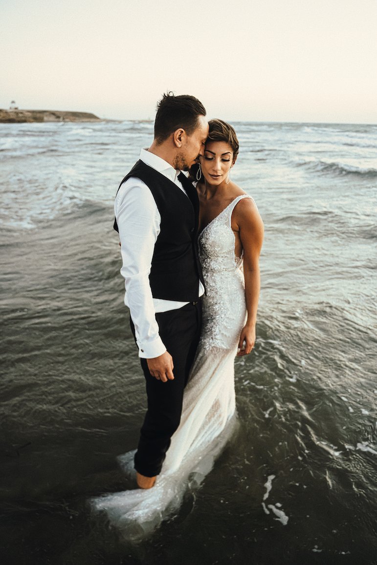 Magnificent photo of the bride and groom on their wedding day in the stunning Cyprus location