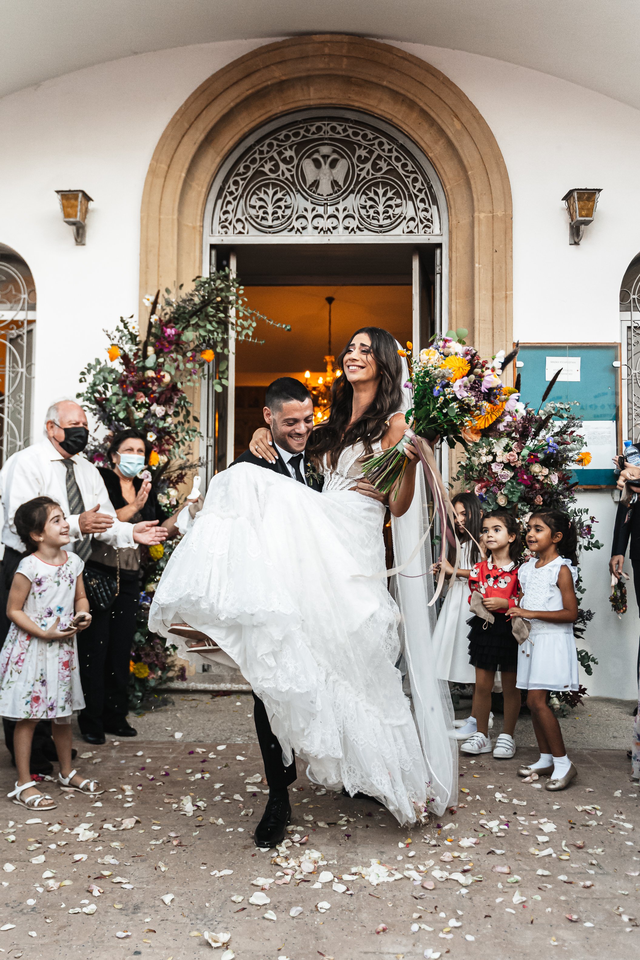 Elegant image of the couple's wedding celebration in the warm Cypriot sun