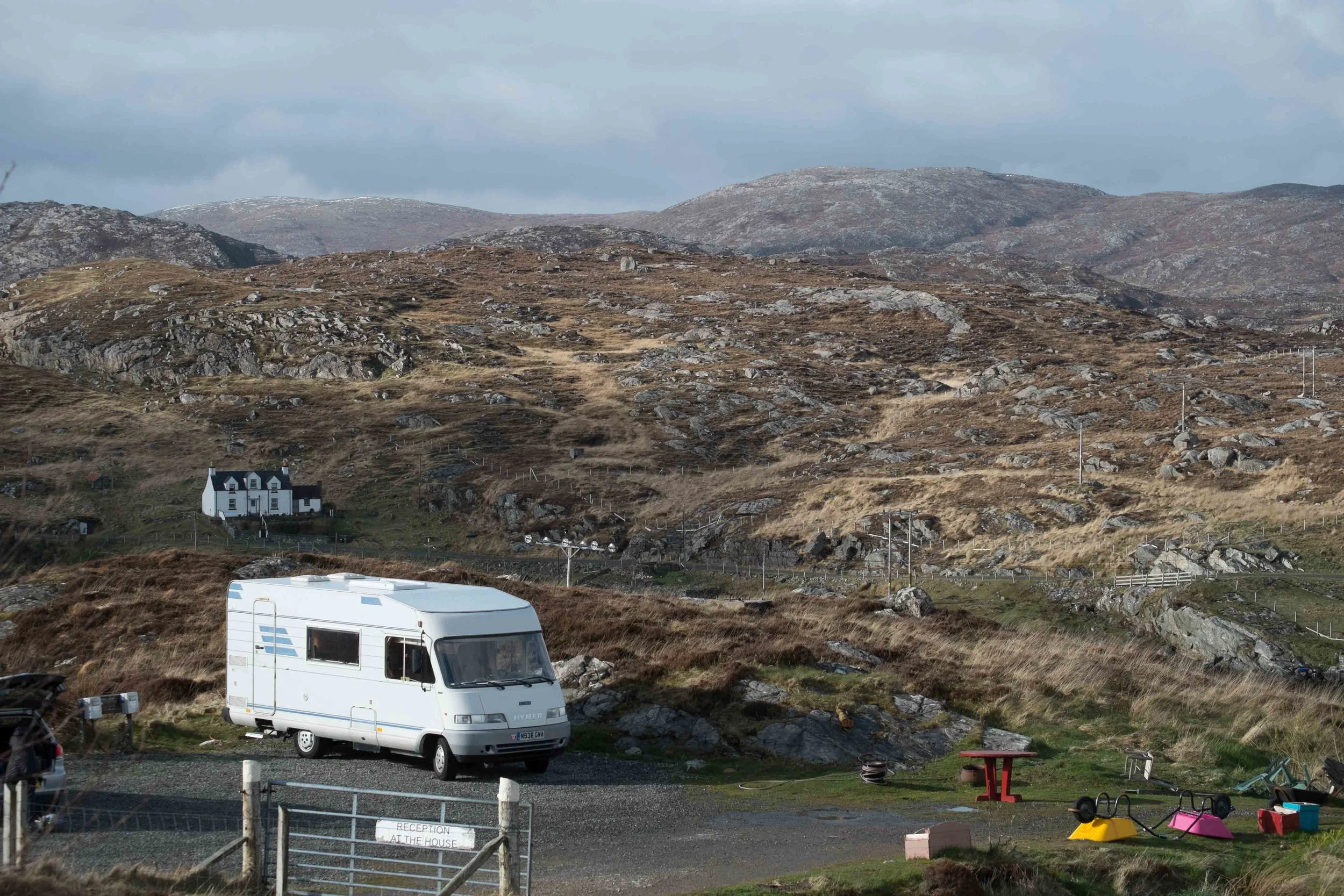 Our camping spot in the rocky bleak landscape on the east coast of South Harris.