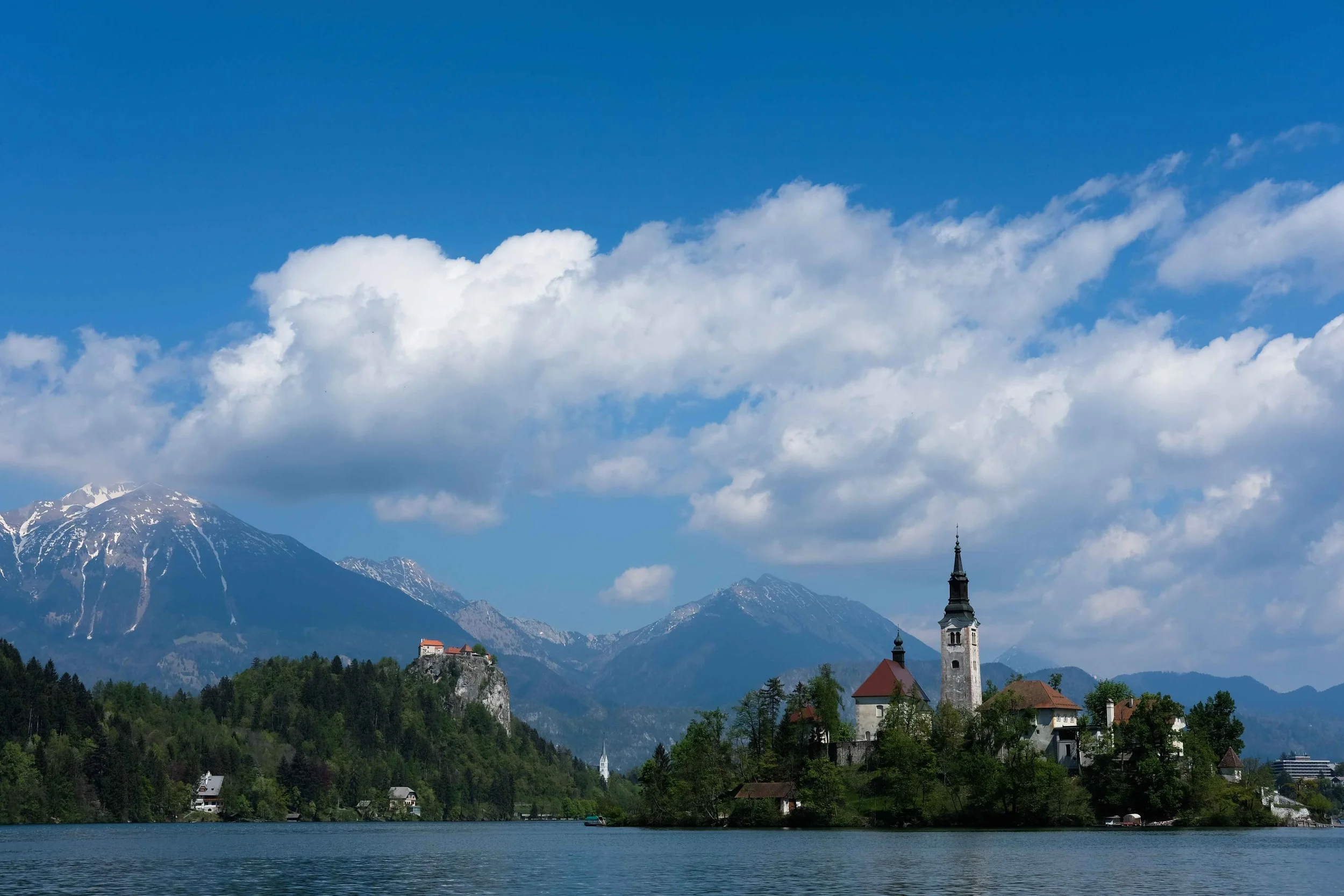 Lake Bled, Slovenia with its island Church and clifftop castle.