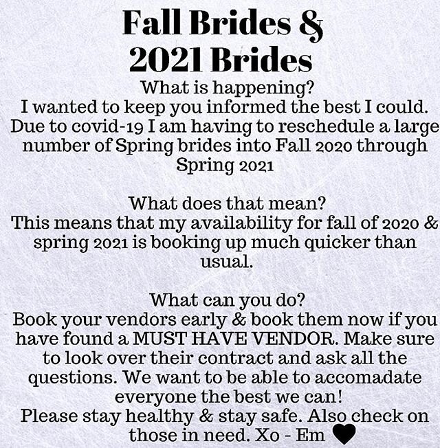 This is a crazy time!! Words cannot express how I&rsquo;m feeling for my brides. The situation Covid-19 is causing is unbelievable in absolutely every aspect &amp; for a handful of my brides it means postponing a wedding. With that being said, us ven