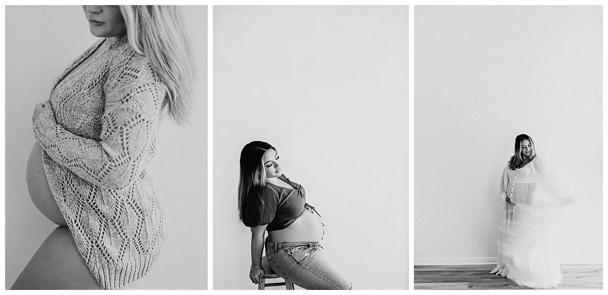 pregnant woman posing in photography studio for black and white photos