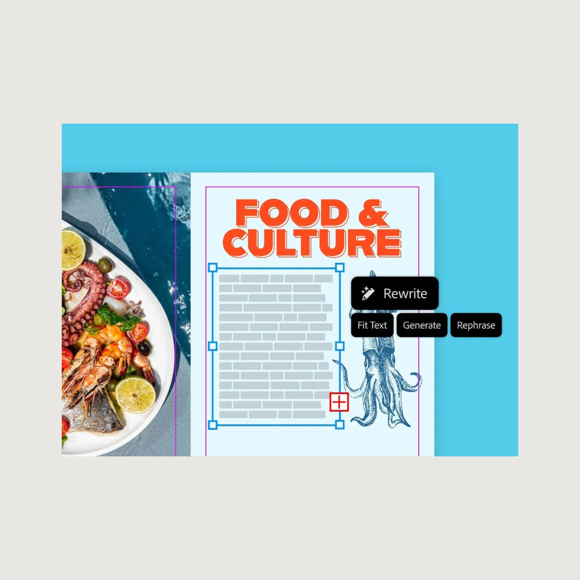 Part of a poster or flyer with the text 'Food & Culture', an image of seafood, and a blue background with cartoon dinosaur illustration.