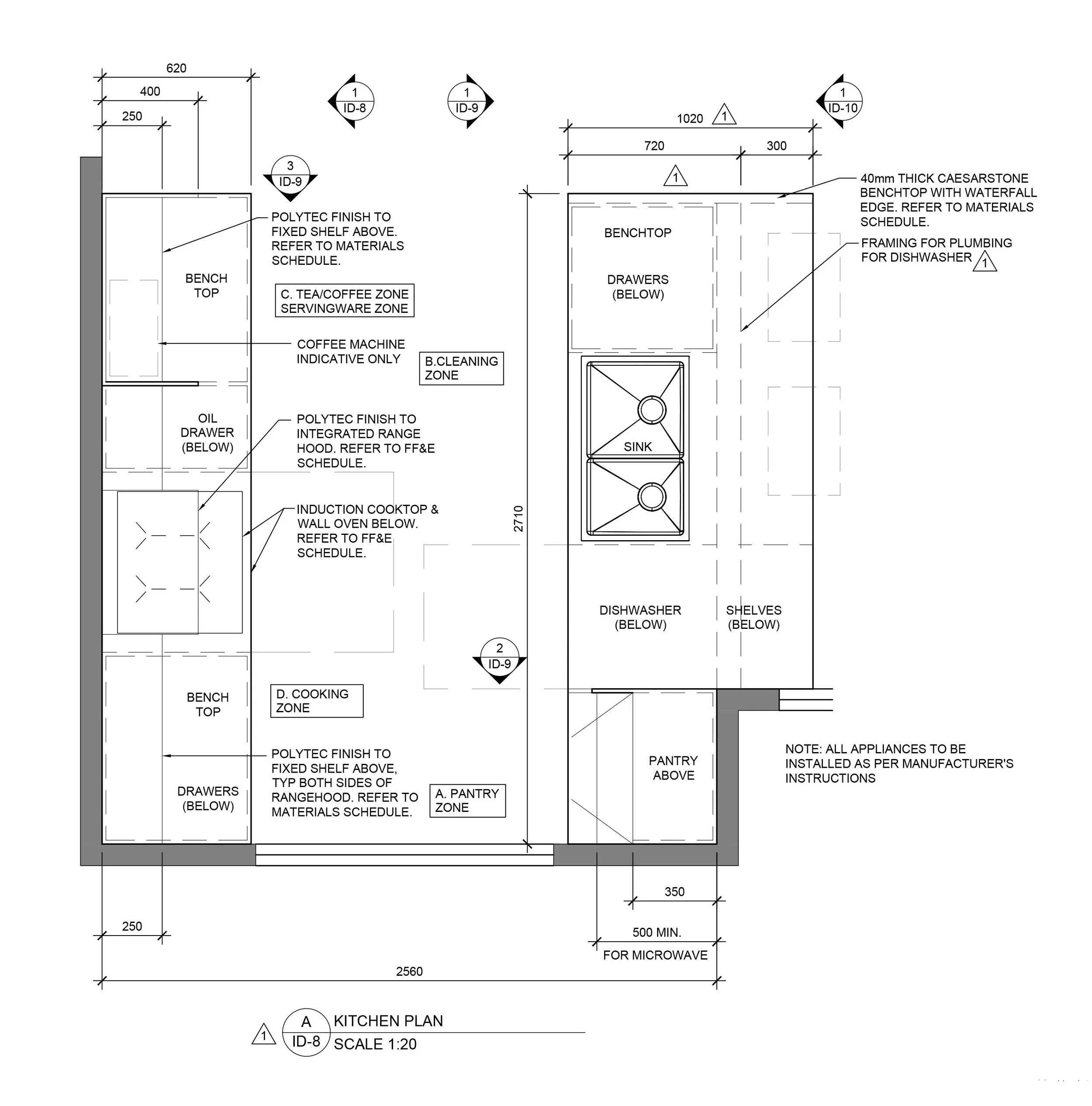 Kitchen floor plan showing cabinetry and appliance positions for a Thredbo renovation.